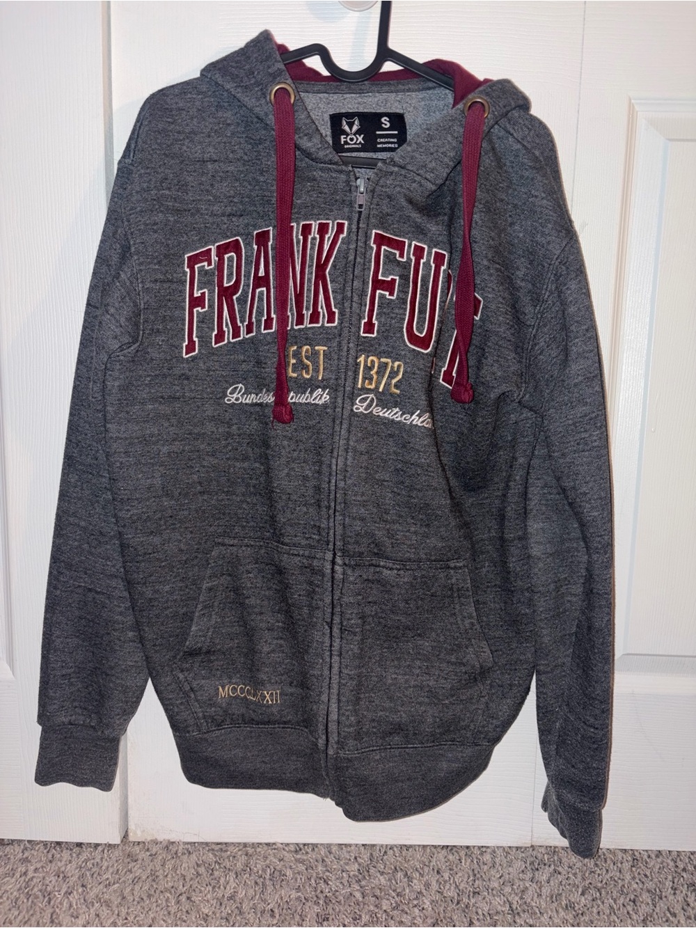 Fox Charcoal Zip Hoodie with Burgundy Drawcords